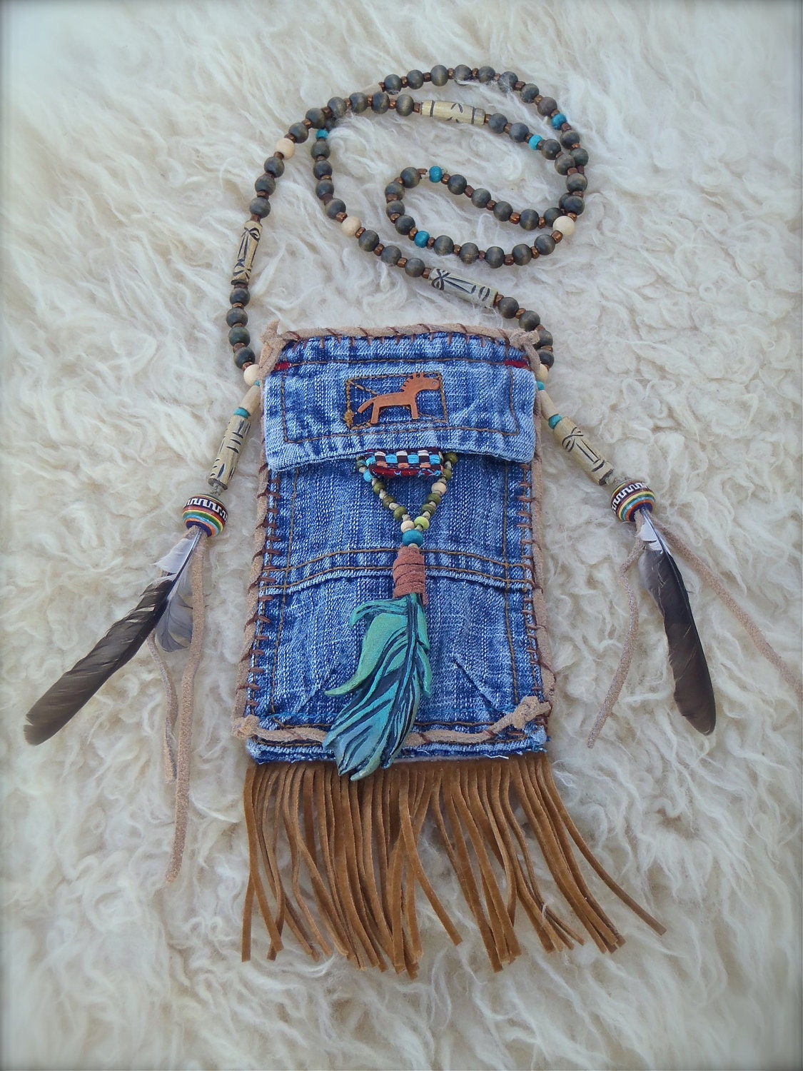 tribal american INDIAN MEDICINE bag denim with FEATHER charm
