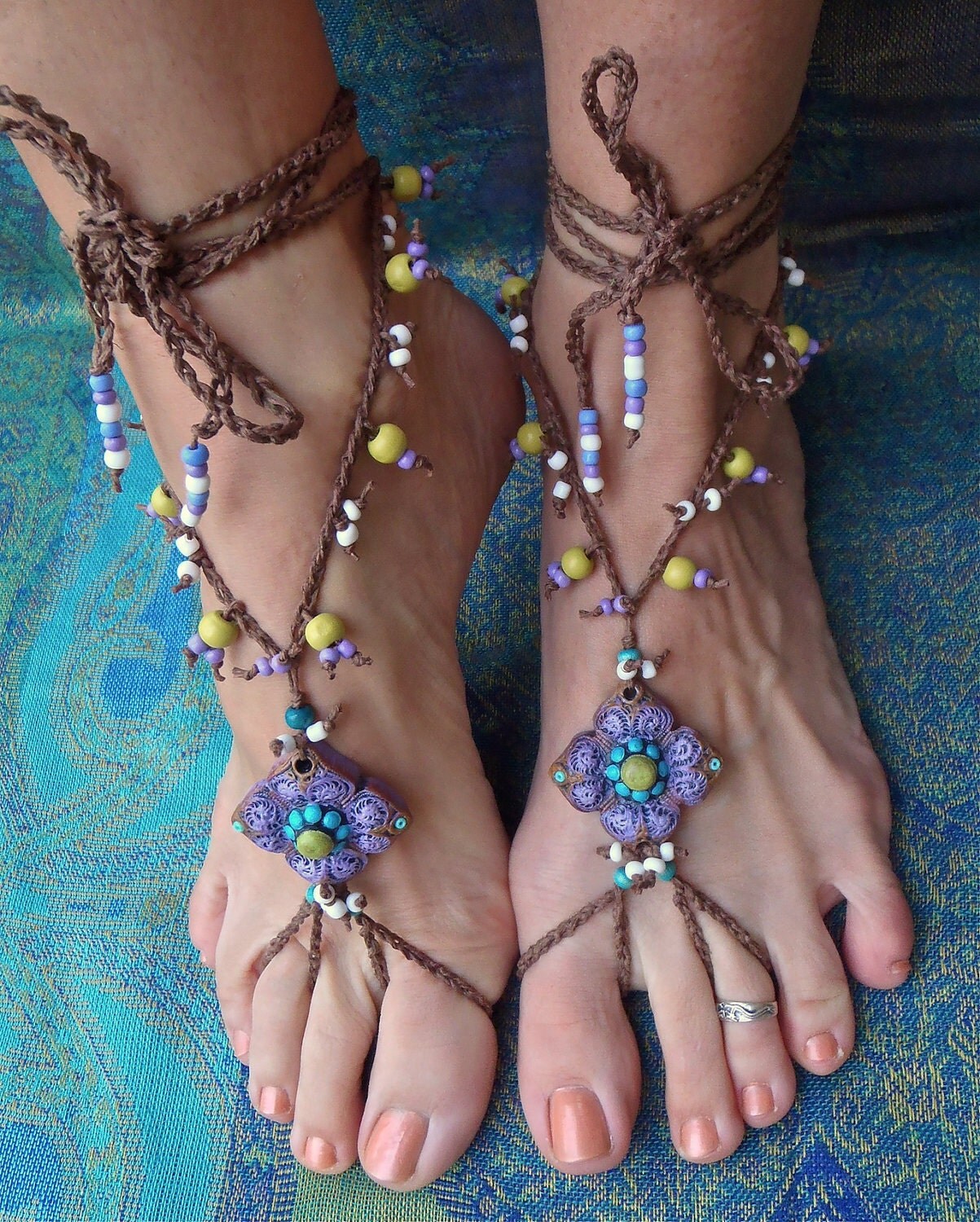 Gypsy Purple Barefoot Sandals With Crochet Brown Lace Hand