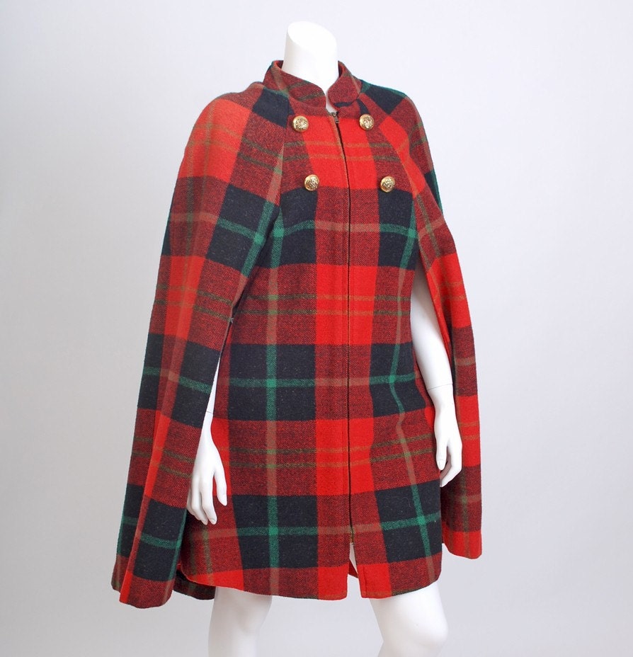 Vintage 60s MOD Wool Tartan Plaid Cape