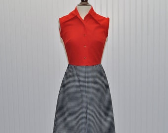 Vintage 1970 Dress Red Orange and Black and White Polyester Knit Dress
