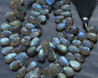1/2 Strand,Very-Very,Finest, Blue Flashy Labradorite Faceted PEAR Shaped Briolettes, 9-11mm Long size,Promotional Price