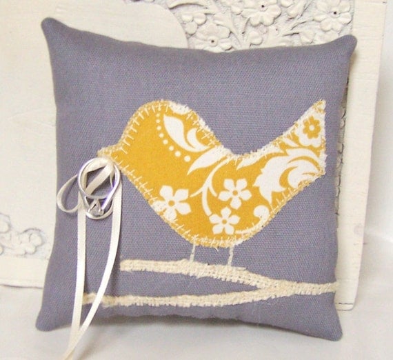 Items similar to Love Bird Ring Bearer Pillow, Grey, Modern Mustard Yellow Flowers, Cream Burlap ...