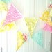 Bunting, Banner, 21 Fabric Flags, 9 Feet, Yellow Leaf, Pastel Pink Flower, Light Green, Turquoise, Birthday, Wedding Party Decor, Baby Girl