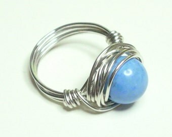 Blue Magnesite and Silver Plate Wire Wrapped Ring