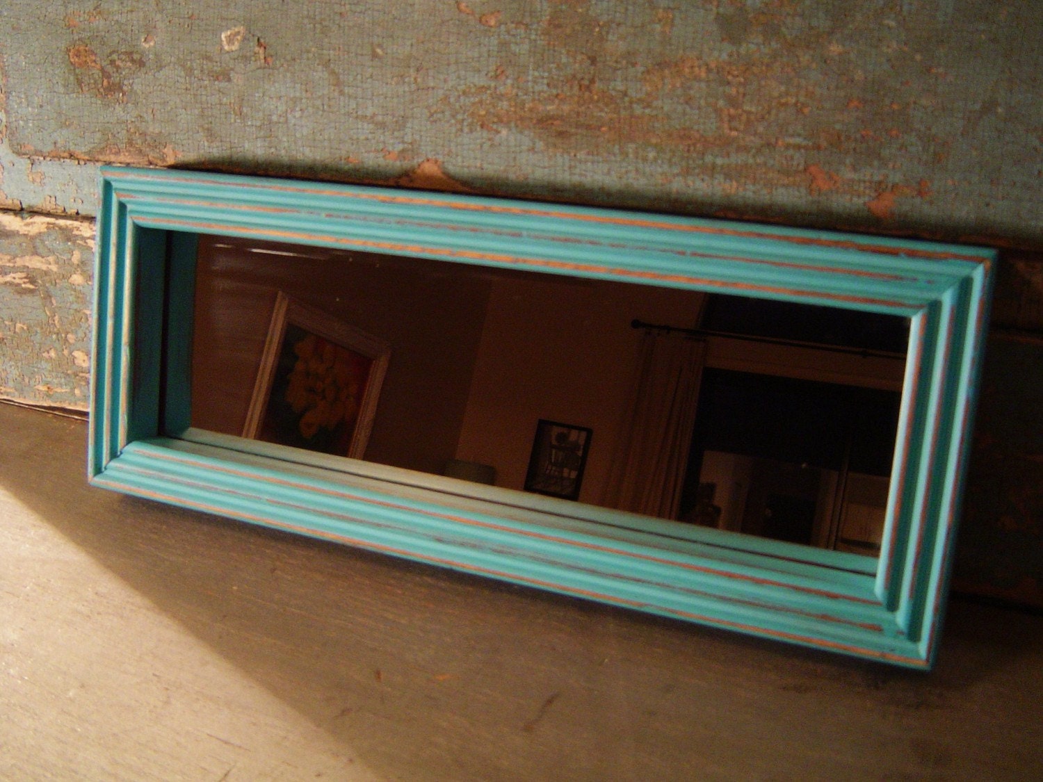 Turquoise Distressed Framed Mirror Wood