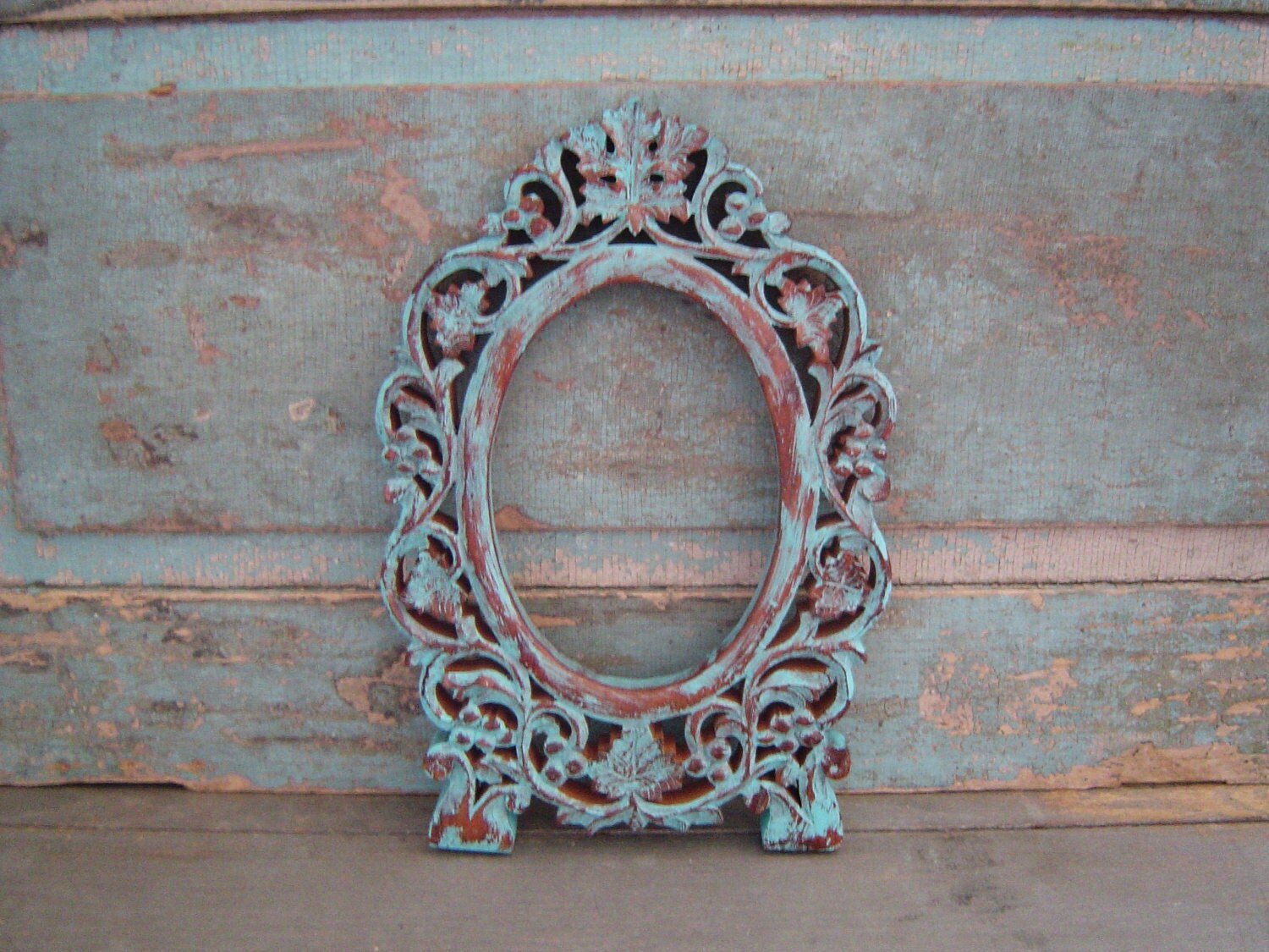 Ornate Carved Wood Picture Frame Turquoise Distressed