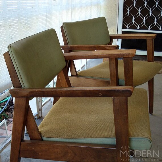 2 Midcentury Modern Olive Green Office Chairs Vintage