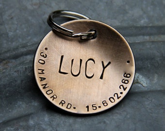 Custom Dog Tag / Custom Pet ID Tag - Lucy - in 1.25'' Domed Bronze, Aluminum or Copper