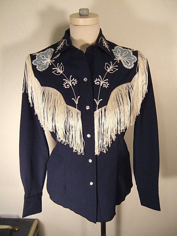Reserved Rockabilly Blue Fringed H Bar C Western Shirt Vintage 80 S Taos Pearl Snaps Embroidery Rhinestones Applique Navy Blue Sz 32 S Vintage Western Wear Western Show Clothes Western Outfits