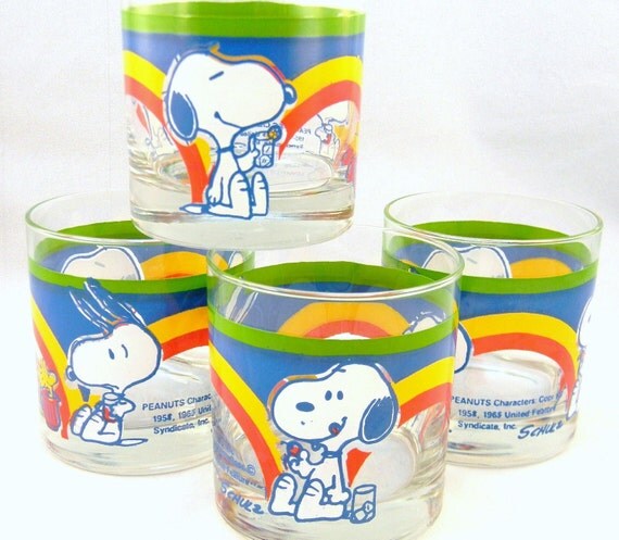 Snoopy Rainbow Glasses Woodstock Set Of 4 Vintage Schultz