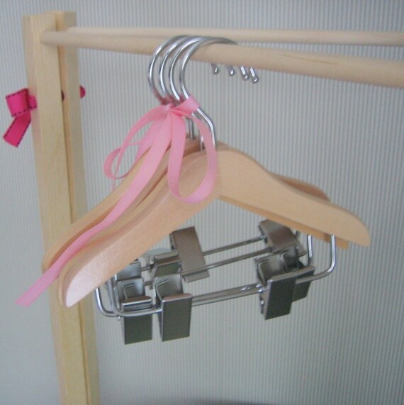 Wood Doll Clothes Hangers set of 4 with accessory clips
