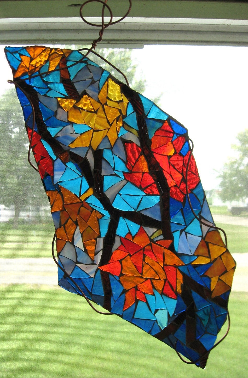 Autumn leaves stained glass mosaic window hanging