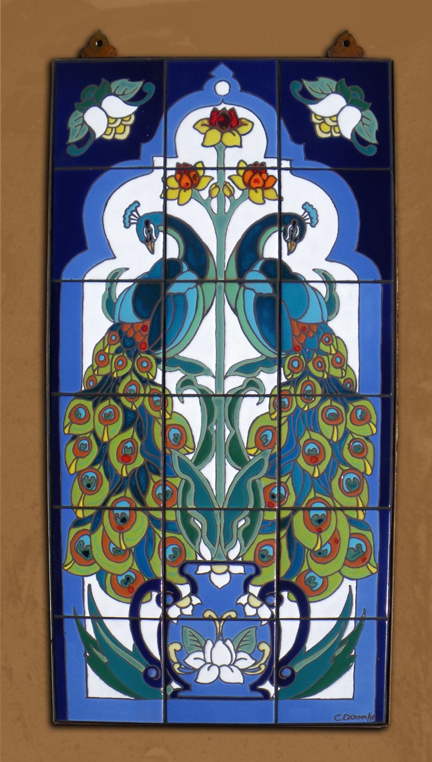 Hand Glazed Tile Mural Arabesque Peacock