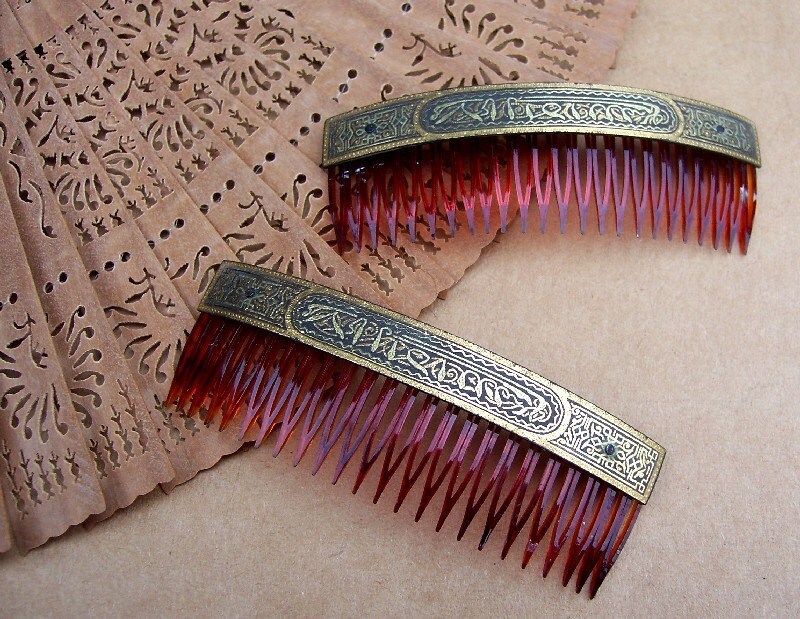 Vintage hair combs pair Victorian Toledo work arabic script