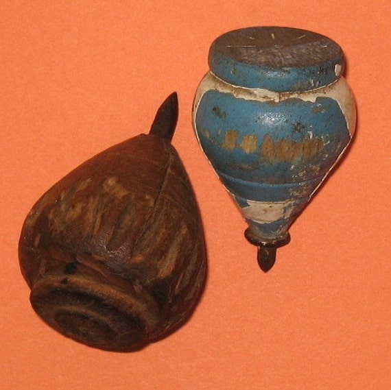Two Vintage Handmade Wooden Spinning Tops