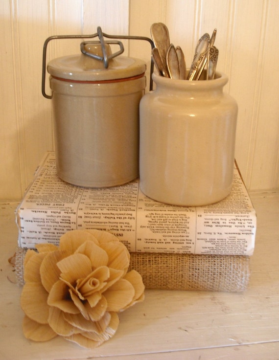 SET OF 2 VINTAGE CROCKS FRENCH MUSTARD CROCK/CHEESE CROCK