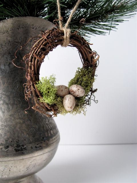 Rustic Wreath Ornament Nest with Moss and Eggs, Garden Decor
