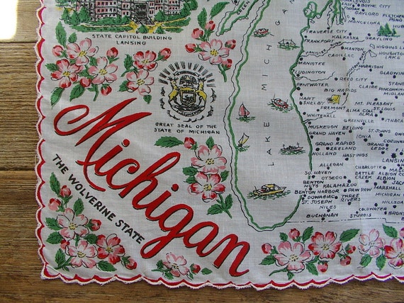 ROAD TRIP Vintage 1950s MICHIGAN souvenir hankie picture map