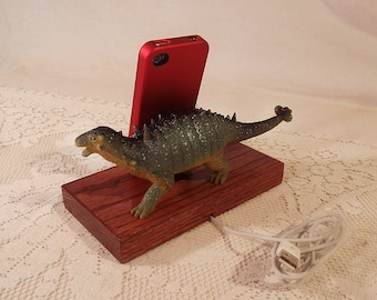 iPhone - iPod Dock -Charger and Sync Station - Oak - Big Spiked Green Dino - Scary - One of a Kind - Dinosaur - FREE Shipping