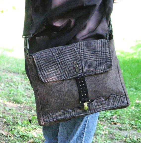 Messenger style laptop bag chocolate brown plaid and tweed