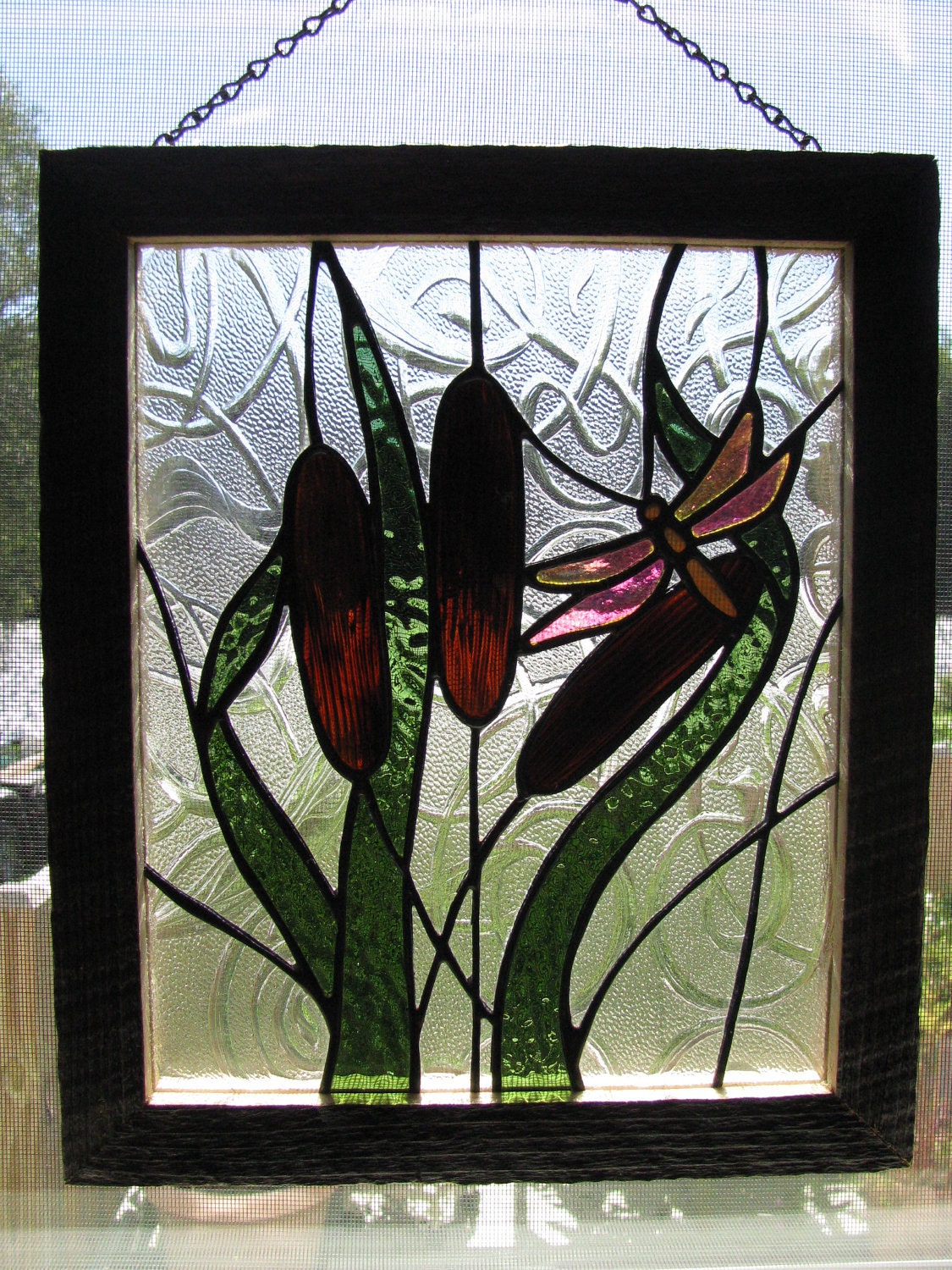 Cattails and Dragonfly Stained Glass Panel