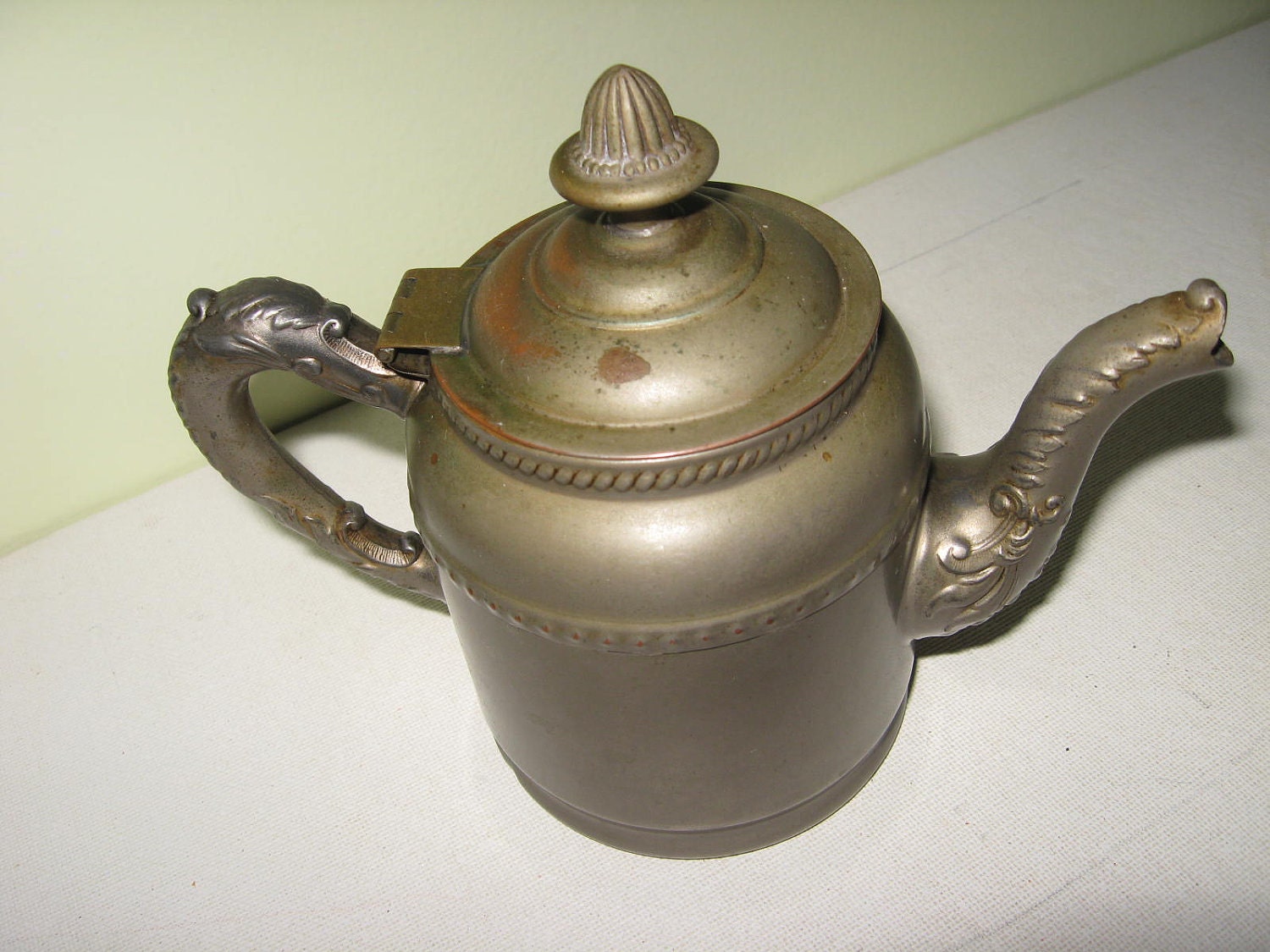 Antique Coffee Pot Nickel On Copper Old Metal Vintage