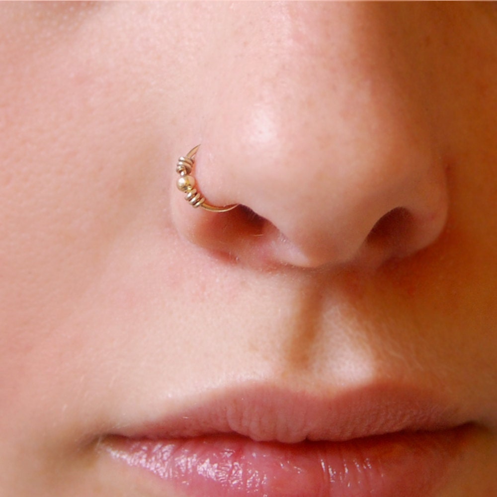 14k Solid Gold Nose Ring Small Embellished Hoop