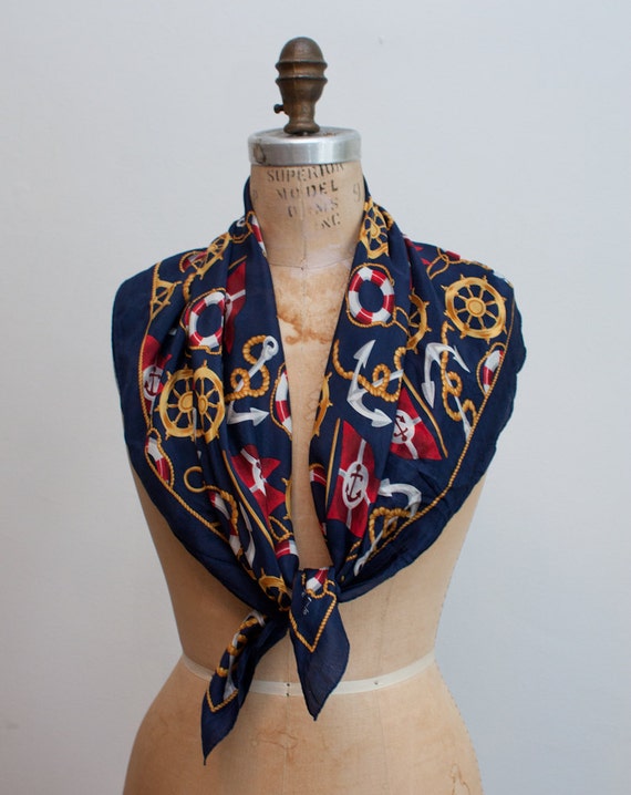 vintage silk nautical scarf / large navy scarf