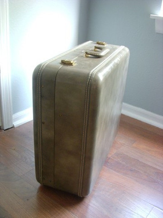 SALE Vintage Town Suitcase Luggage Grey Green Blue Brass