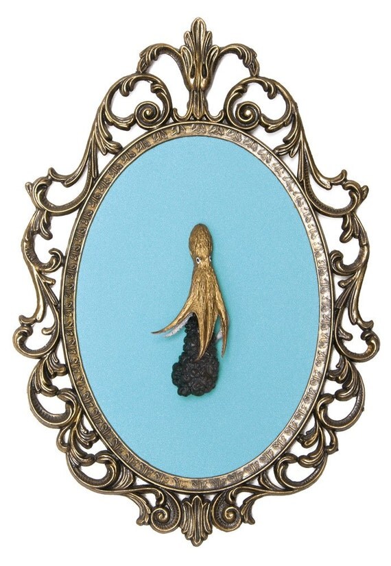 Gold Octopus with Ink Victorian Framed Object Wall Art