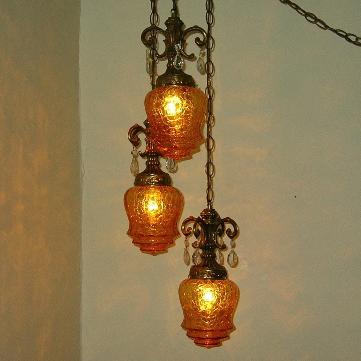Hollywood Regency TRIPLE amber globe hanging swag lamp
