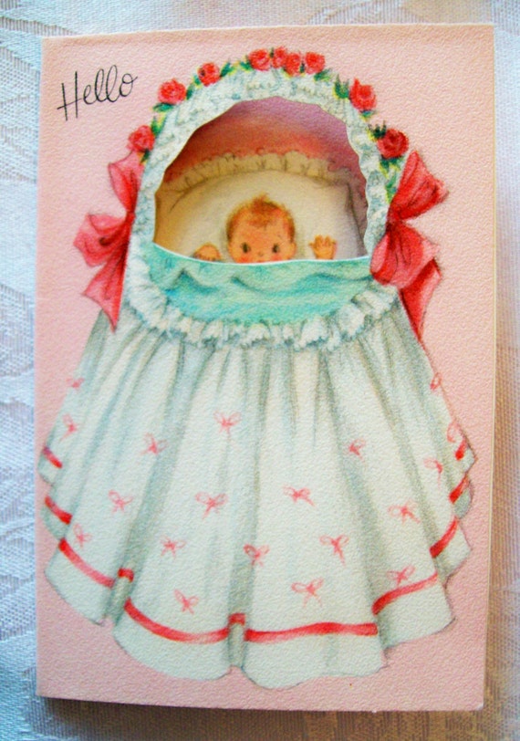 Vintage Pink Baby Announcement Card 1940s Never Used Mint