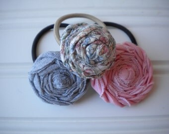 Set of Three Rolled Rosette Ponytail Holders in Shabby Chic