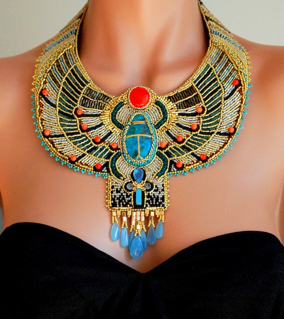 Egyptian Scarab Necklace Bead Embroidered Necklace