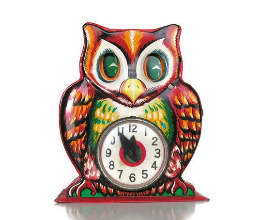 Vintage Mechanical Bank: Tell Time Owl Clock Tin Toy by veraviola