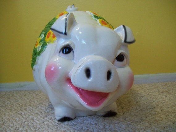 life size 1976 PIGGY BANK with floral motif