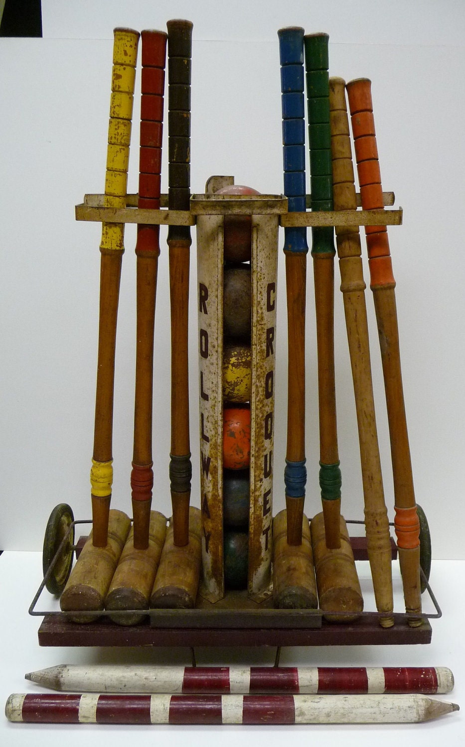 Antique Croquet Set ROLLWAY metal cart 6 balls mallets stakes