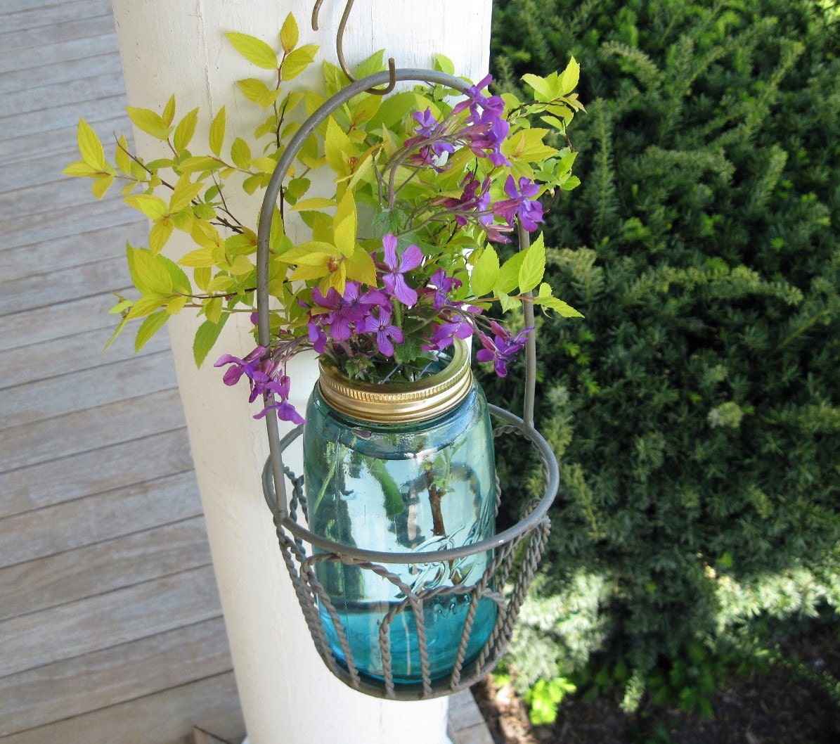 Vintage Mason Jar and FLOWER FROG lidUpcycled QUART Ball Jar