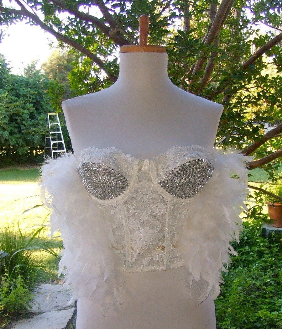 White Feather Corset Top with Rhinestones 34A S Free Shipping