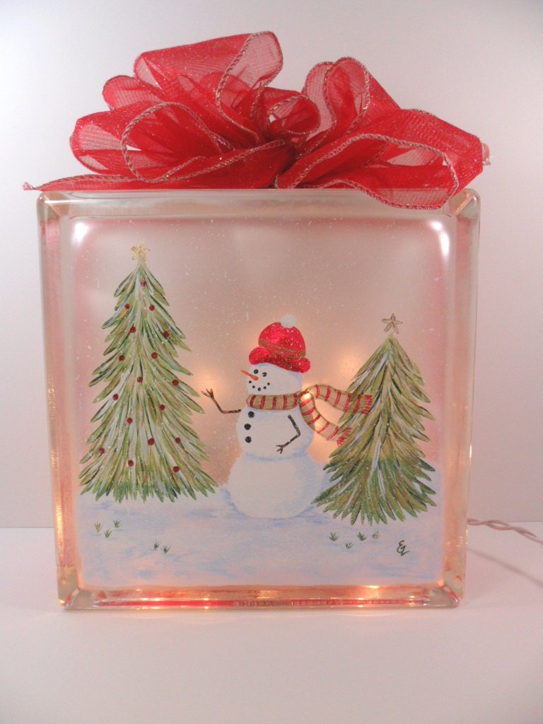 Lighted Glass Block Snowman Snow Scene 8x8x3 Hand Painted