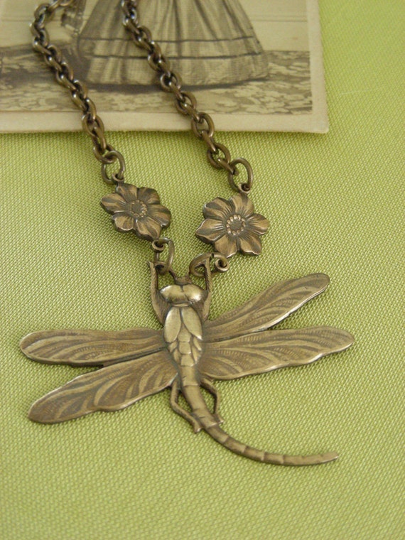 Items Similar To Necklace Vintage Brass Dragonfly And Flowers On Etsy