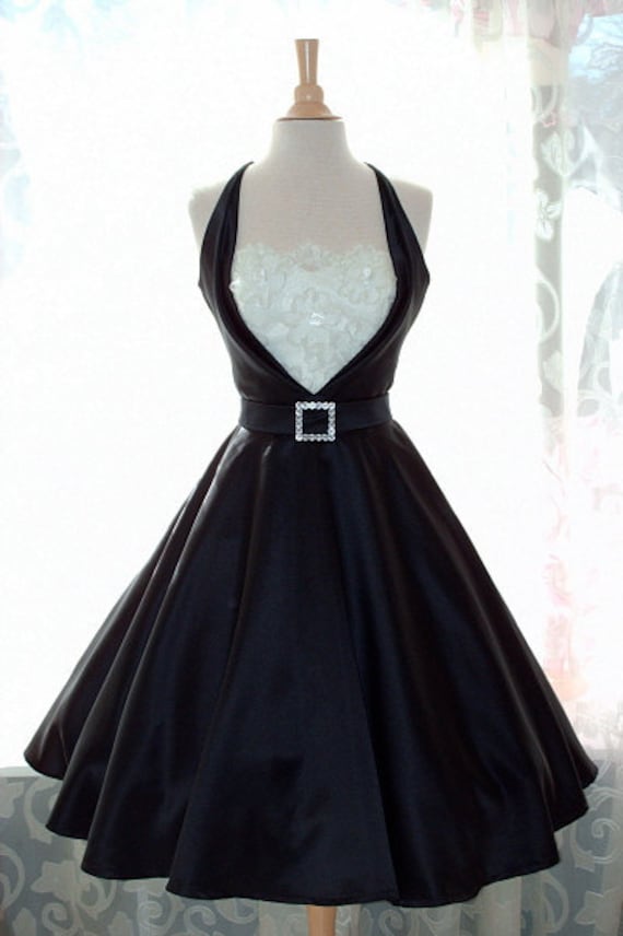 PINUP Dress Rockabilly Black Satin Tux Circle Skirt