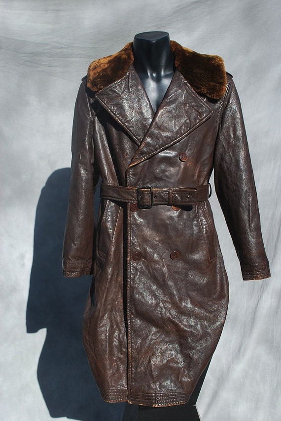 Vintage 40's WWII leather officer men's overcoat coat