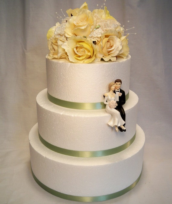 Ivory Yellow Rose Wedding Cake Topper with Alencon Lace