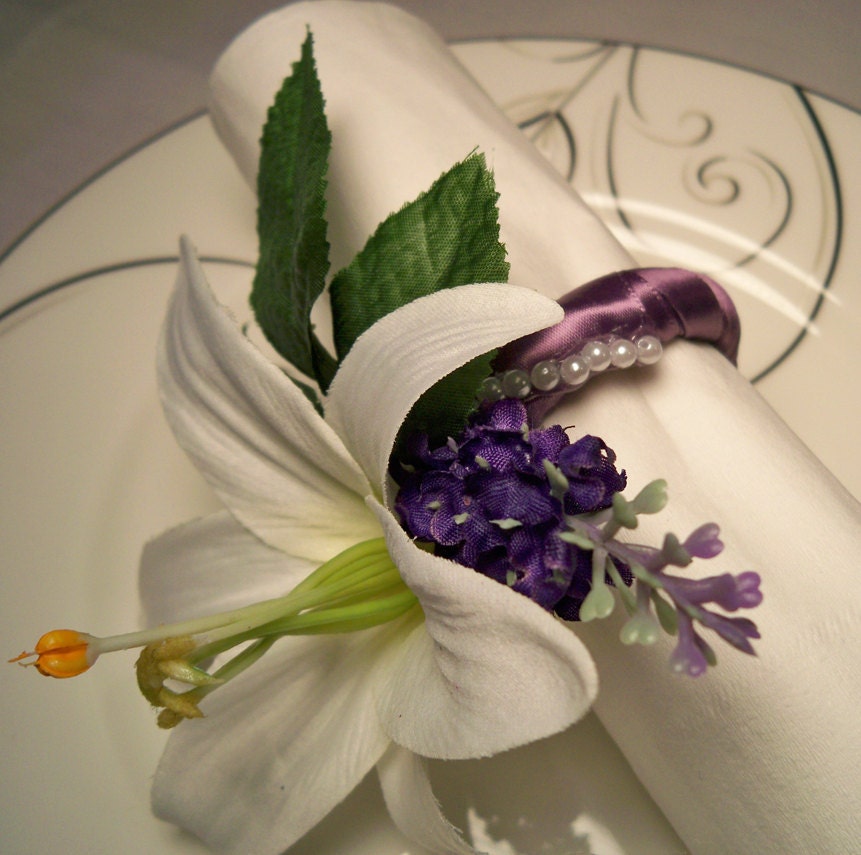 White Lily Lavender Napkin Rings Wedding Reception Home