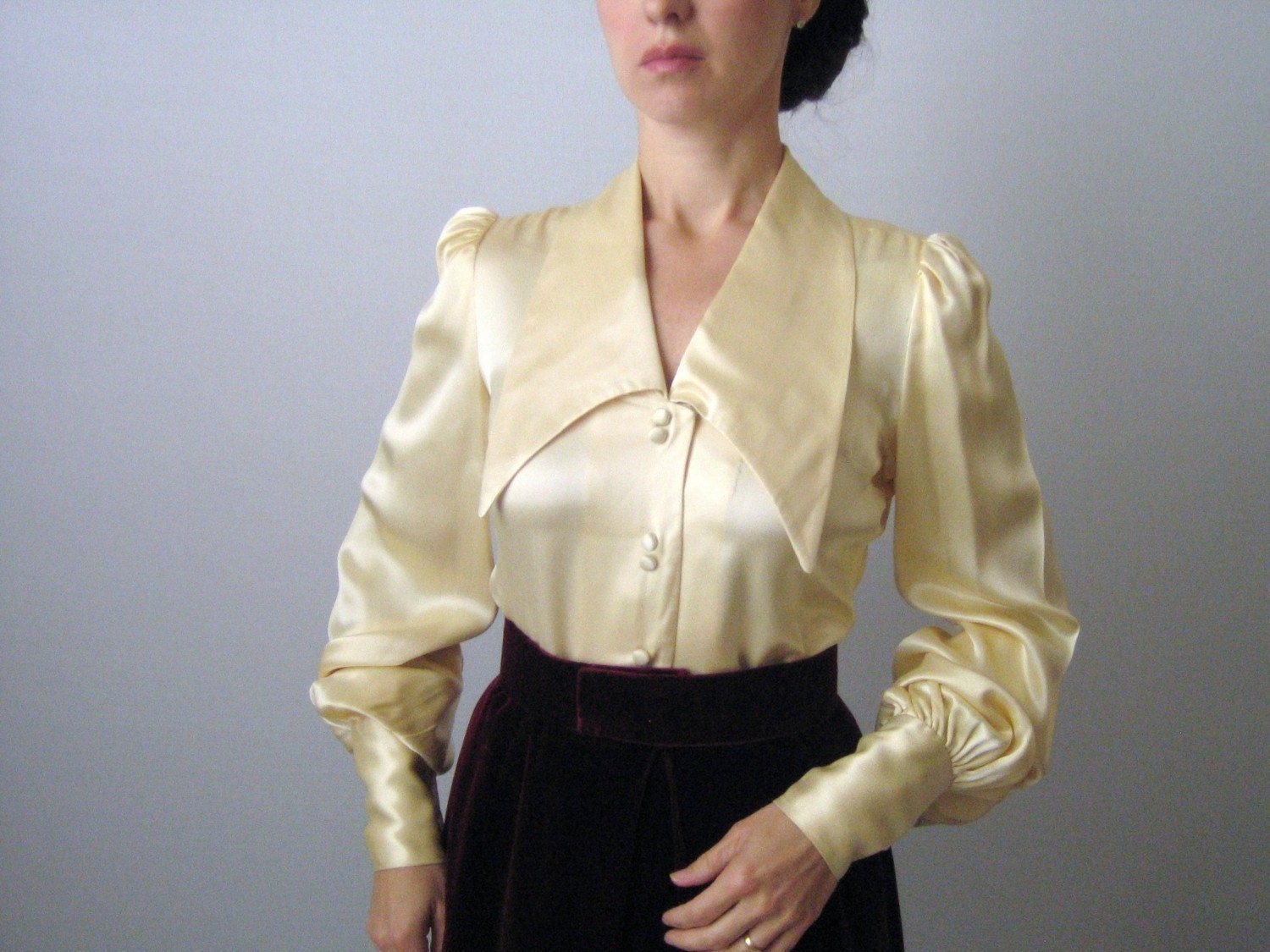 Satin Cream Blouse with Bishop Sleeves and Button Covered Snap