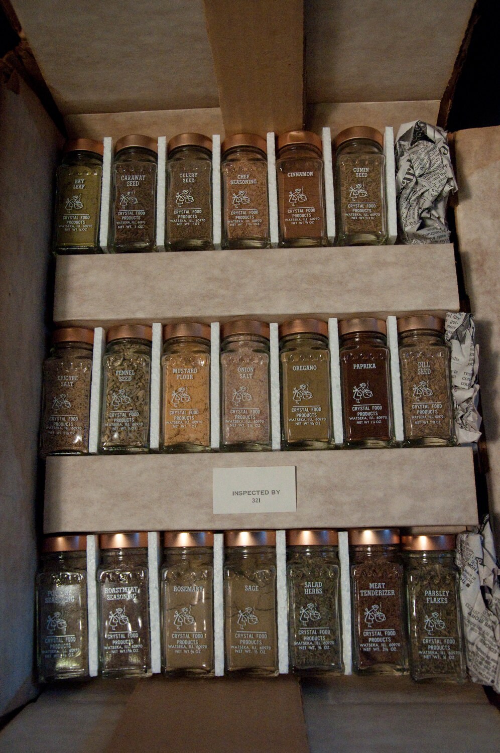 Set of 20 Vintage Crystal Food Products Spice Jars with Wood