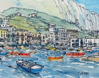 Capri Port Italy art print from an original watercolor painting