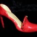 one of a kind handmade polymer clay red holiday shoe with diamonds and silver bow cake topper or sculpture for table