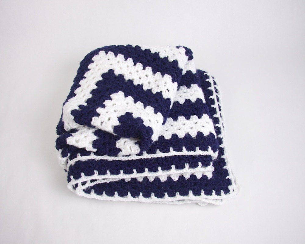 Vintage Crochet Afghan Blanket / Rug Navy and White